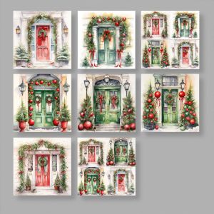 Блокче Коледна дизайнерска хартия с ретро врати с Коледна украса, Блокче от 8 листа дизайнерска хартия с Коледни врати, 30x30 cm, XDD702-57